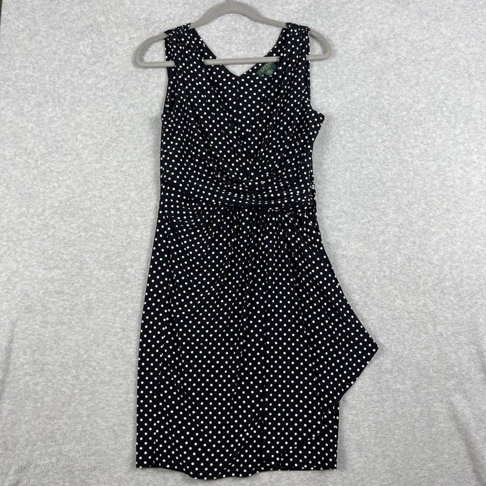 Lauren Ralph Lauren Polka Dot Sheath Dress Womens 2 Black White Ruched Classic